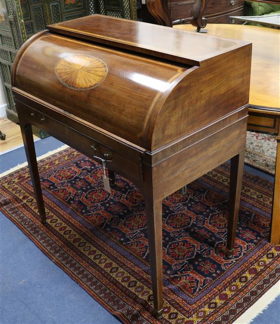 An Edwardian inlaid mahogany cylinder roll top desk W.91cm